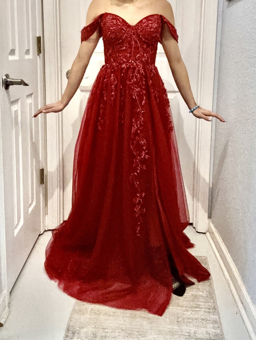 Off-Shoulder Lace-Up Back Red Tulle Ball Gown